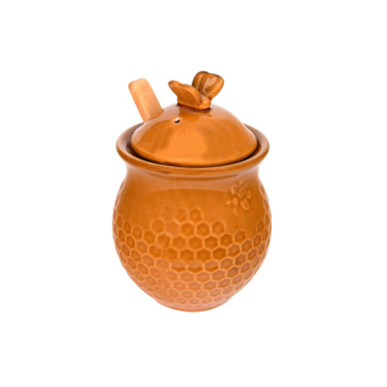 Stoneware Bee Honey Jar, Lid & Wood Honey Dipper (Set of 2 Pieces)